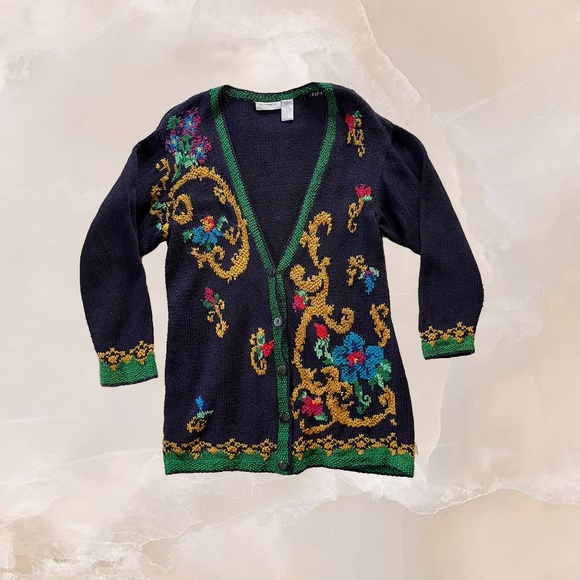 Liz Claiborne Sweaters - LIZ CLAIBORNE Vintage Women's Knit Cardigan Sweater Small Blue Floral Silk 80s